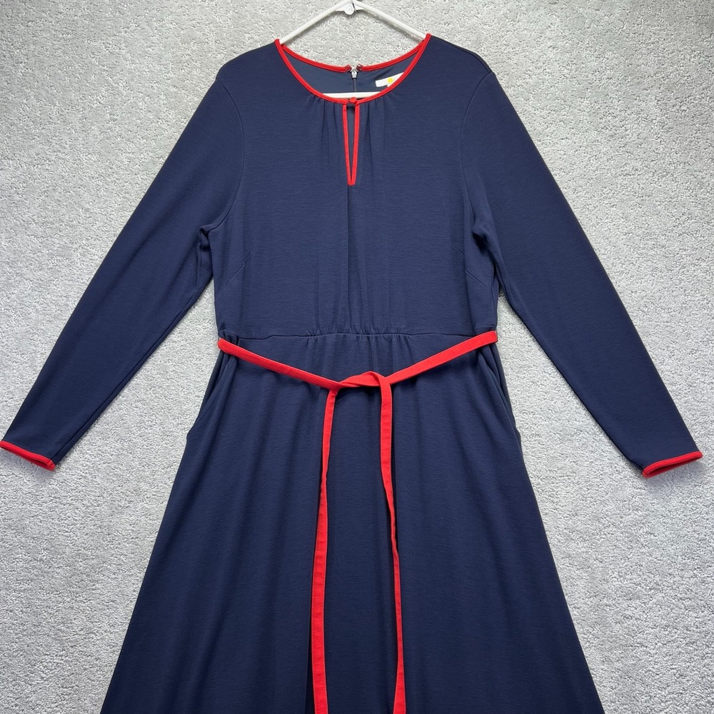 Boden Midi Dress Womens Size 16R Navy Blue Red Trim Long Sleeve Jersey Pockets